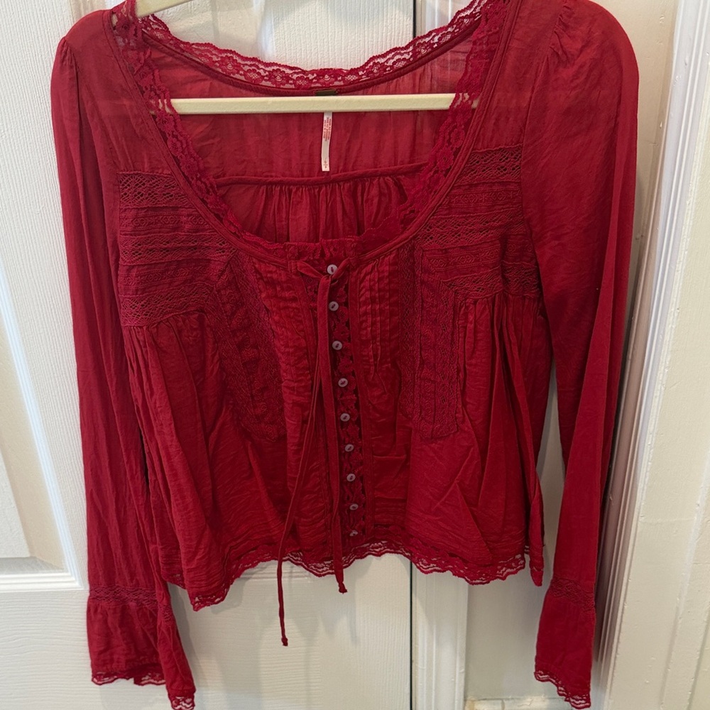 Free People Red Lace-Trimmed Women's Top